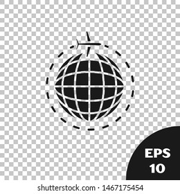 Black Globe with flying plane icon isolated on transparent background. Airplane fly around the planet earth. Aircraft world icon.  Vector Illustration