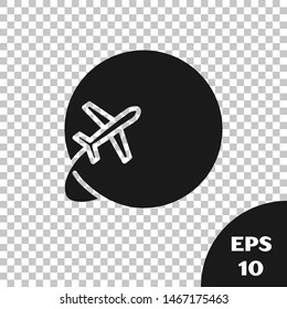 Black Globe with flying plane icon isolated on transparent background. Airplane fly around the planet earth. Aircraft world icon.  Vector Illustration