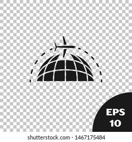 Black Globe with flying plane icon isolated on transparent background. Airplane fly around the planet earth. Aircraft world icon.  Vector Illustration