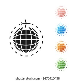 Black Globe with flying plane icon isolated on white background. Airplane fly around the planet earth. Aircraft world icon. Set icons colorful. Vector Illustration