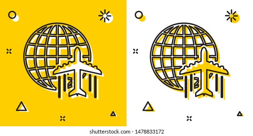 Black Globe with flying plane icon isolated on yellow and white background. Airplane fly around the planet earth. Aircraft world icon. Random dynamic shapes. Vector Illustration