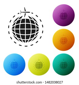 Black Globe with flying plane icon isolated on white background. Airplane fly around the planet earth. Aircraft world icon. Set icons colorful circle buttons. Vector Illustration