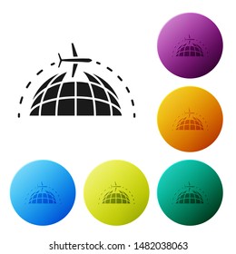 Black Globe with flying plane icon isolated on white background. Airplane fly around the planet earth. Aircraft world icon. Set icons colorful circle buttons. Vector Illustration