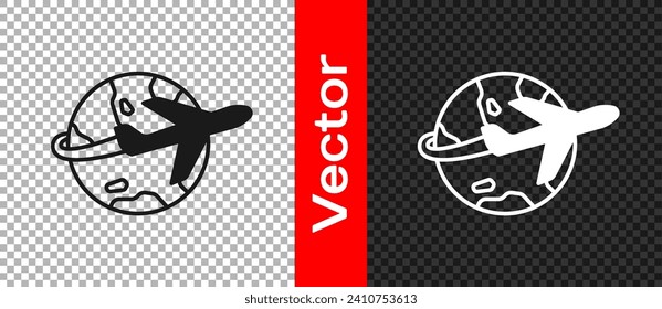 Black Globe with flying plane icon isolated on transparent background. Airplane fly around the planet earth. Aircraft world icon.  Vector