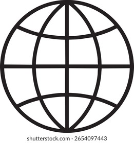 Ícone de globo negro com linhas de latitude e longitude isoladas no plano de fundo transparente