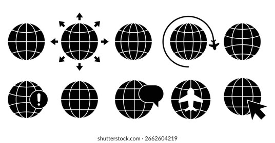 Black Globe Icon Pixel Art Style Global Network, Technology, Map, Location, Direction, Symbols Vector Design Illustration Collections