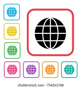 Black globe icon in red frame. Colorful set additional versions globe icons. Vector illustration