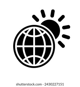 Black Globe icon with Sun. Global warming or climate change concept. Globe icon. Vector illustration