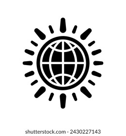 Black Globe icon with sun rays. Global warming or climate change concept. Globe icon. Vector illustration