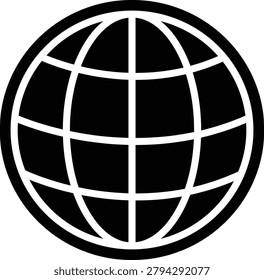 Black globe icon with white grid on white background Keywords: globe, world, earth, planet