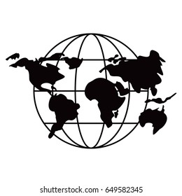 Black globe icon. World map countries. Flat vector cartoon illustration. Objects isolated on a white background.