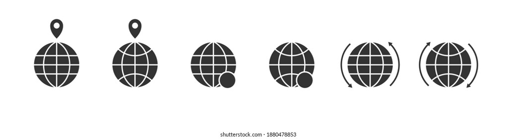 Black globe icons. World international earth globe icon set. Linear style. Vector illustration