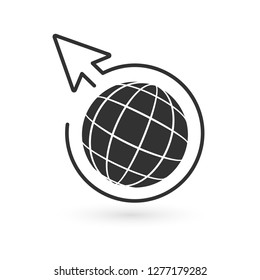black globe and linear circle with arrow around. Vector illustration isolated on white background.