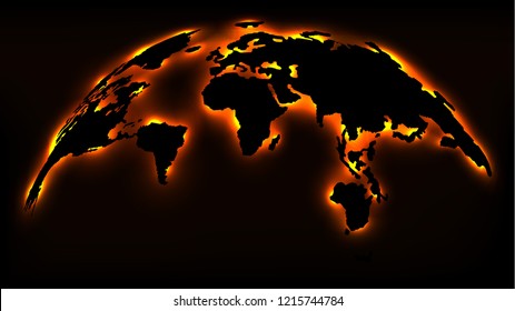 Black Globe Map Burning in Hot Neon Shining. Black Friday Hot Seasonal Sales Concept. Save Planet from Climate Changes & Warming Template. Vector Illustration