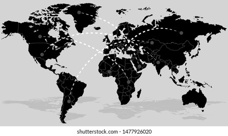 Black Globe Map Isolated on Grey Background with Connection Lines. Communication Concept. Vector Illustration