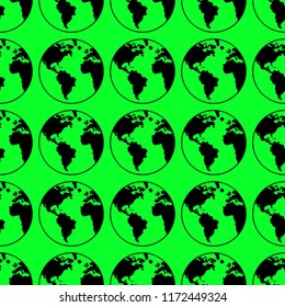 Black globe on a green background, seamless pattern, vector