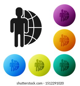 Black Globe and people icon isolated on white background. Global business symbol. Social network icon. Set icons colorful circle buttons. Vector Illustration