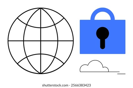 Black globe representing global connectivity paired with a blue padlock symbolizing security and a simple cloud icon on white background. Ideal for global communication, data security, cloud