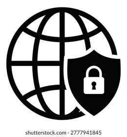 Black globe with shield and padlock icon for security and protection online symbol icon