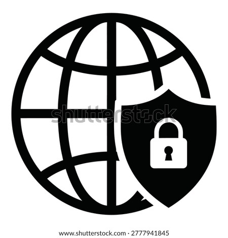 Black globe with shield and padlock icon for security and protection online symbol icon