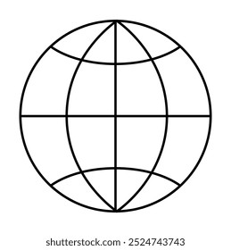 Black globe symbol with horizontal and vertical lines crossing grid-style minimalist design. Ideal for global themes, connectivity, technology, navigation, and travel. Simple geometric illustration