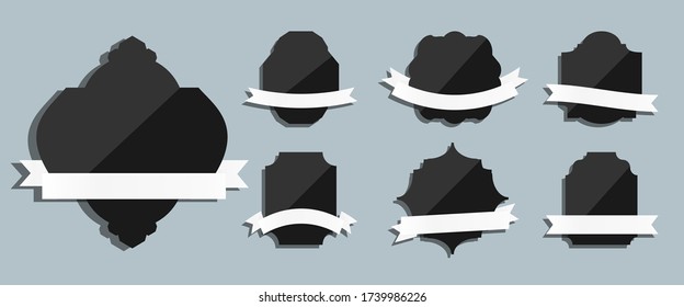 Black gloss labels with white ribbons retro vintage set. Different shape empty border tag menu sale price. Template for text banner with dots and shadow. Luxury decorative modern. Vector illustration