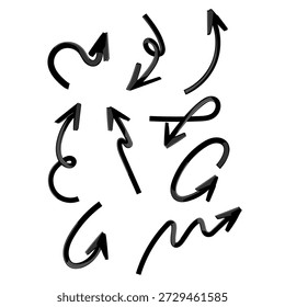Black, glossy 3d rendered arrows displaying various curvilinear paths, symbolizing concepts of direction, flow, change, update, and process on a clean white background