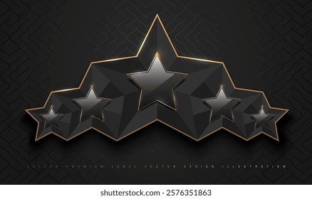 Black glossy 5 star top rank logo badge frame. Luxury polygonal stone sign, golden rim border, black background. Abstract vector premium achievement five star glass icon. Reflection gold light effect