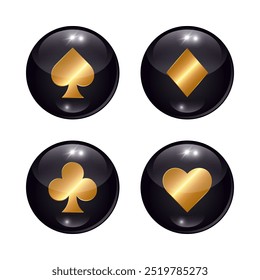 Black glossy balls with golden playing card suits. Casino premium clipart	