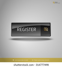 Black glossy button with gold icon. Vector, business, web, design elements.