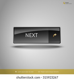 Black glossy button with gold icon. Vector, business, web, design elements.