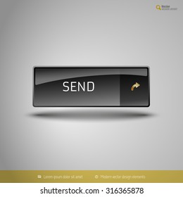 Black glossy button with gold icon. Vector, business, web, design elements.