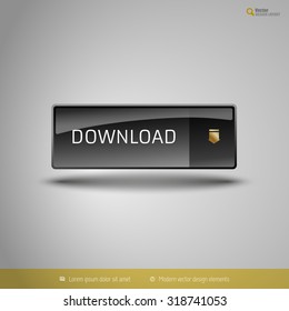 Black glossy button with gold icon. Vector, business, web, design elements.