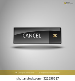 Black glossy button with gold icon. Vector, business, web, design elements.