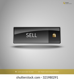 Black glossy button with gold icon. Vector, business, web, design elements.