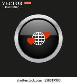 The black glossy button with metal rim on a black background.  Icon planet and two red hearts. Symbol of love between the nation. Globe.  vector illustration, EPS 10 