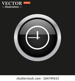 The black glossy button with metal rim on a black background.  clock icon. Flat design style, vector illustration, EPS 10 