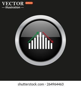 The black glossy button with metal rim on a black background.  Icon chart with arrows, vector illustration, EPS 10