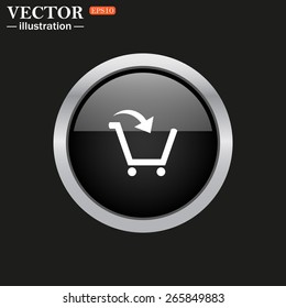 The black glossy button with metal rim on a black background.  put in shopping cart , vector illustration, EPS 10