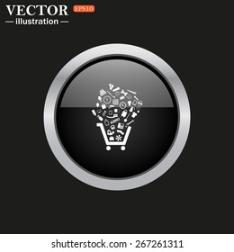 The black glossy button with metal rim on a black background.  Set of icons. Put into shopping cart. Great buy. Cart of goods, web icon. vector design
