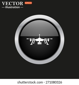 The black glossy button with metal rim on a black background. Quadrocopter. icon. vector design