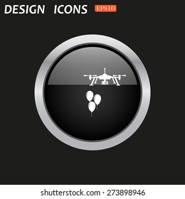 The black glossy button with metal rim on a black background.  Aerial photography. Festive balloons. Quadrocopter. icon. vector design