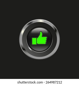 Black glossy button with metallic elements and icon thumbs up (like), on black background, vector design for website