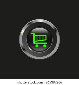 Black glossy button with metallic elements and icon trolley, on black background, vector design for website