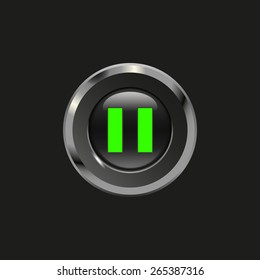 Black glossy button with metallic elements and icon pause, on black background, vector design for website