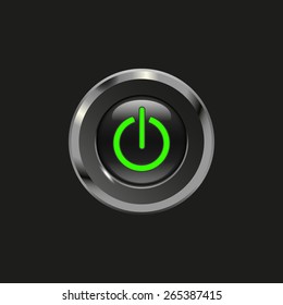 Black glossy button with metallic elements and icon power on/off, on black background, vector design for website