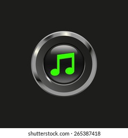 Black glossy button with metallic elements and icon music, on black background, vector design for website