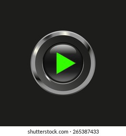 Black glossy button with metallic elements and icon play box, on black background, vector design for website