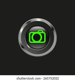 Black glossy button with metallic elements and icon photo/camera, on black background, vector design website