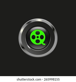 Black glossy button with metallic elements and icon motion picture film reel, on black background, vector design website